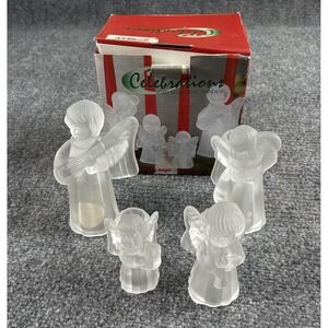 Vintage Crystal Clear Frosted Caroling Angel Candle Holders Set 4 Boxed Y2K Xmas